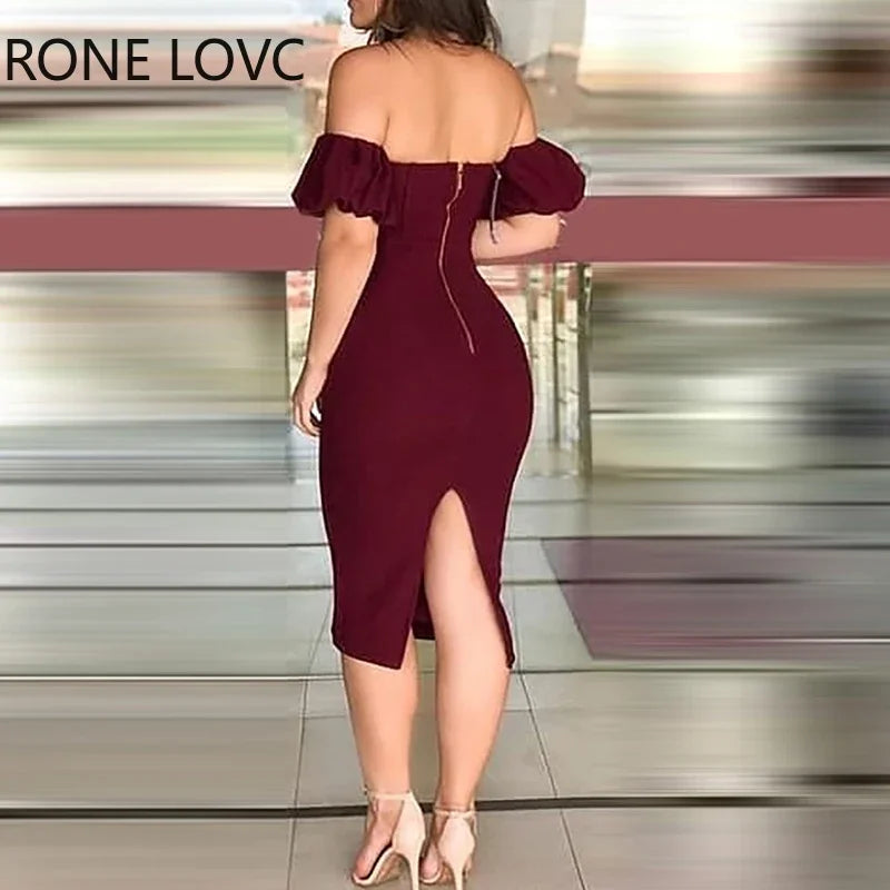 Women Off Shoulder Plain Zipper Design Back Slit Dress Sexy Bodycon Dress