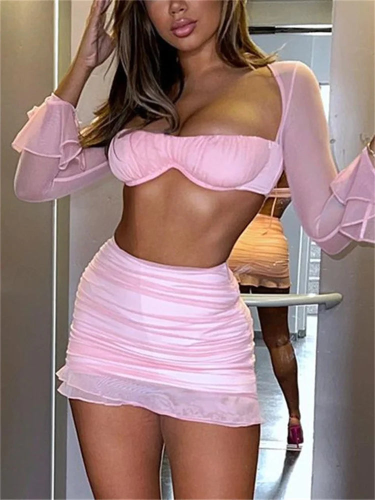 CHRONSTYLE Sexy 2 Pieces Mesh Skirts Women Suits See Through Clubwear Matching Sets Long Sleeve Shirts Tops Ruffles Mini Skirts