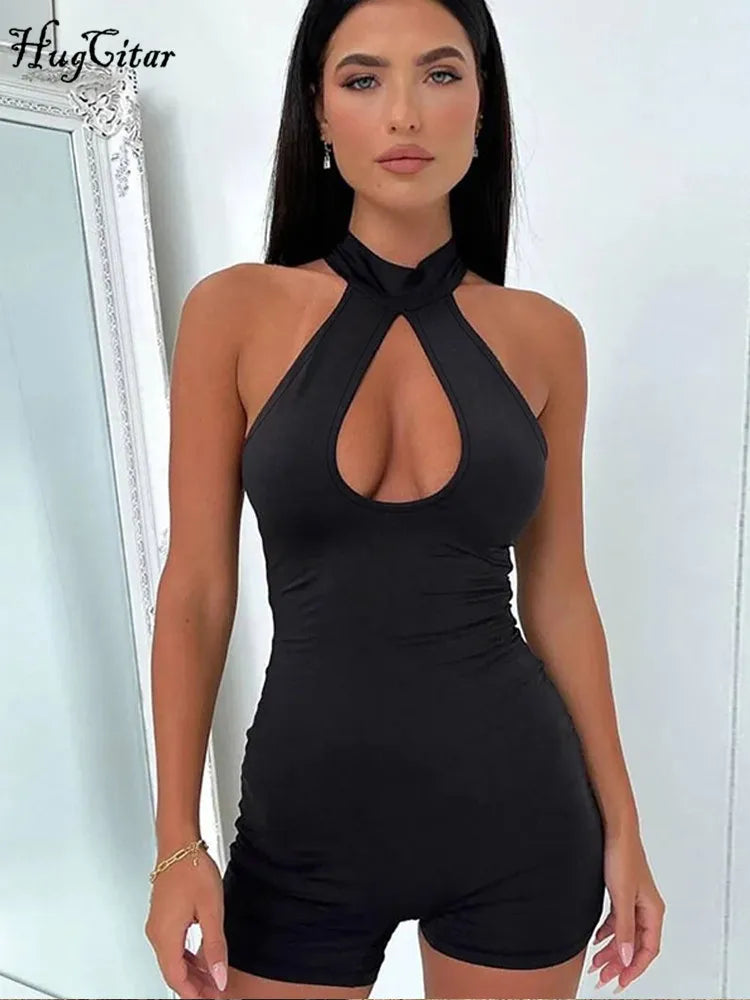 Hugcitar Halter Solid Hollow Out Zipper Sexy Bodycon One Piece Playsuit