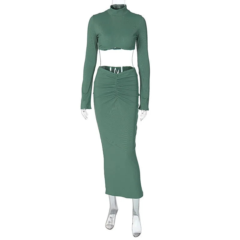 Two Pieces Sets Elegant Solid Women's Long Sleeves Crop Top+ High Waist Pleated Skirts