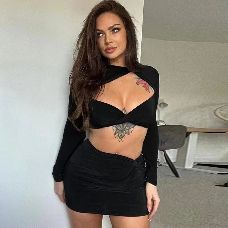 Women Sexy Y2K Clothes 2 Piece Set Hollow Out Long Sleeve Crop Top High Waist Mini Skirts Matching Suit Club Streetwear