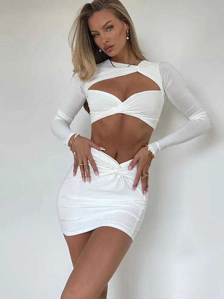 Cryptographic Elegant Fashion Sexy Twist Cut Out Long Sleeve 2 Piece Sets Summer Outfits Matching Sets Crop Top and Skirts Chic