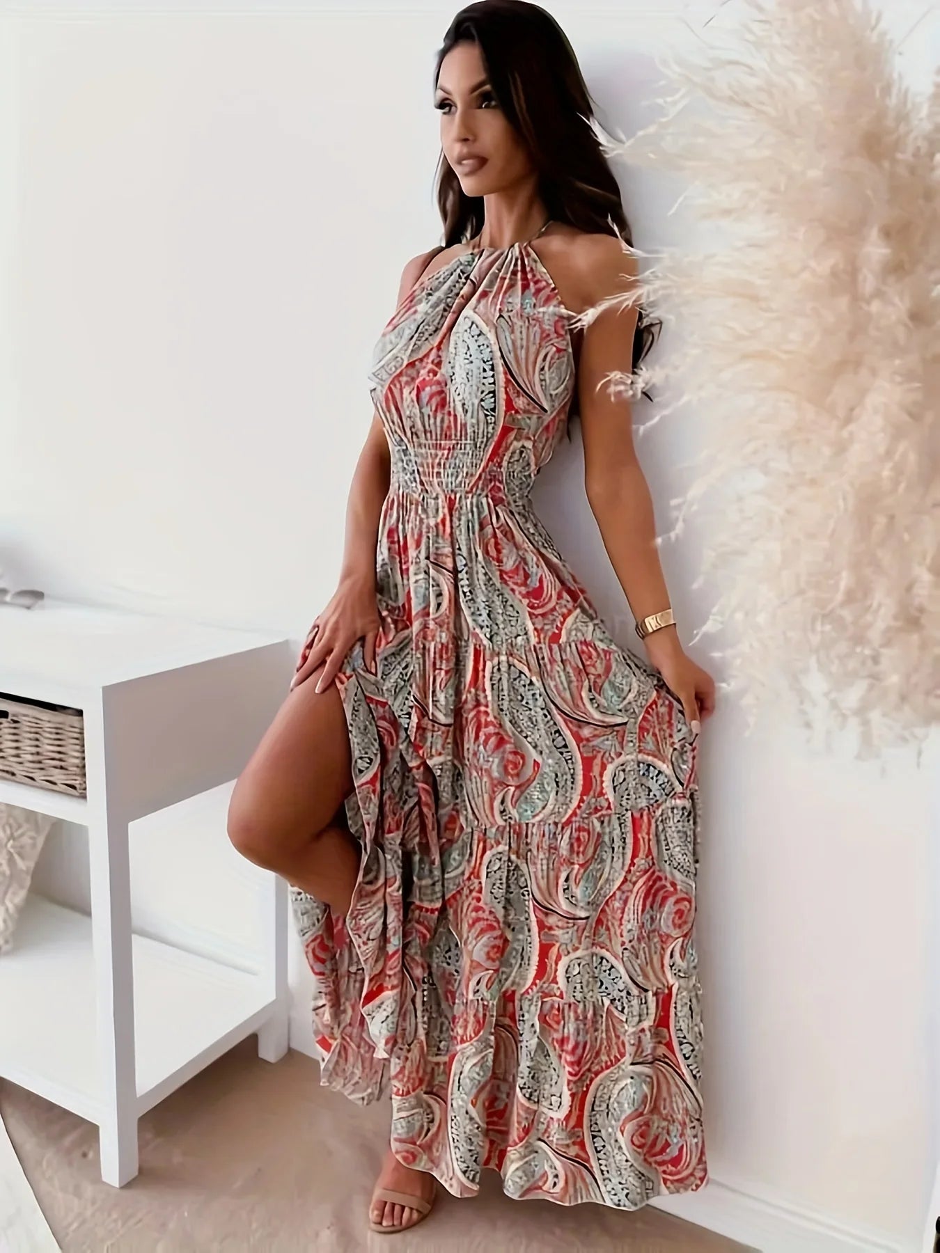 Contrast Color Female Dresses Elegant Loose Beach Women’s Long Dress High Waist Sleeveless Midi Length