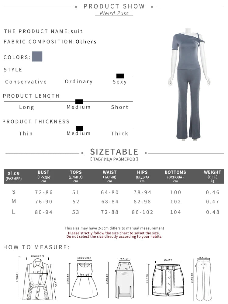 Weird Puss Elegant Women 2 Piece Set Stretch Irregular Knot Short Sleeve Tank Tops+Flare Pants Matching Stretch Slim Streetwear