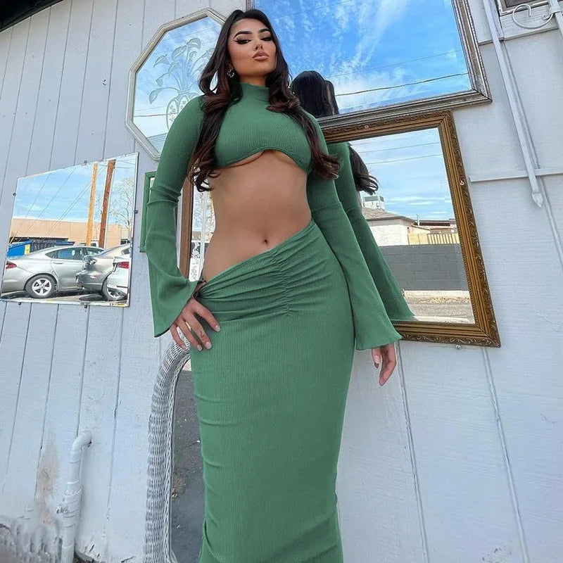 Two Pieces Sets Elegant Solid Women's Long Sleeves Crop Top+ High Waist Pleated Skirts