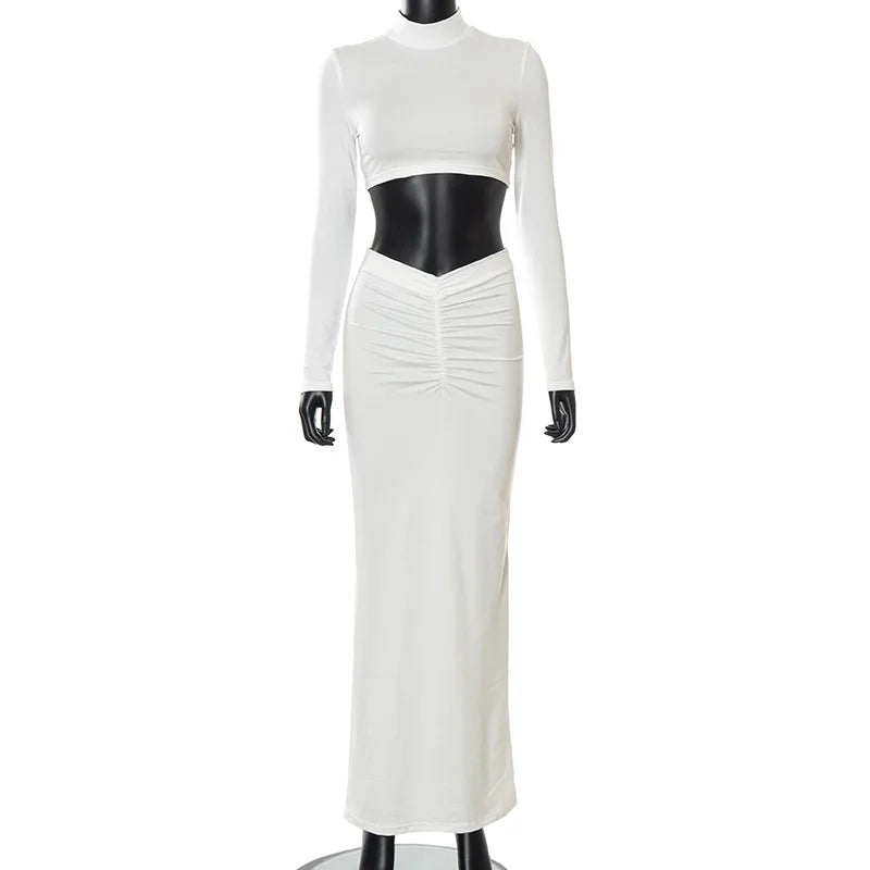 Sexy 2 Piece Set Outfits for Women Club Party Top and Dress Sets Elegant White Long Sleeve Long Ruched Matching Sets maxi skirt