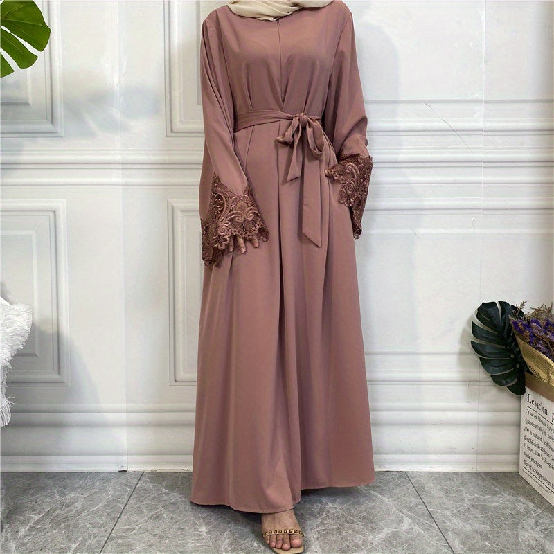 Contrast Lace Solid Kaftan Dress, Modest Long Sleeve Maxi Dress