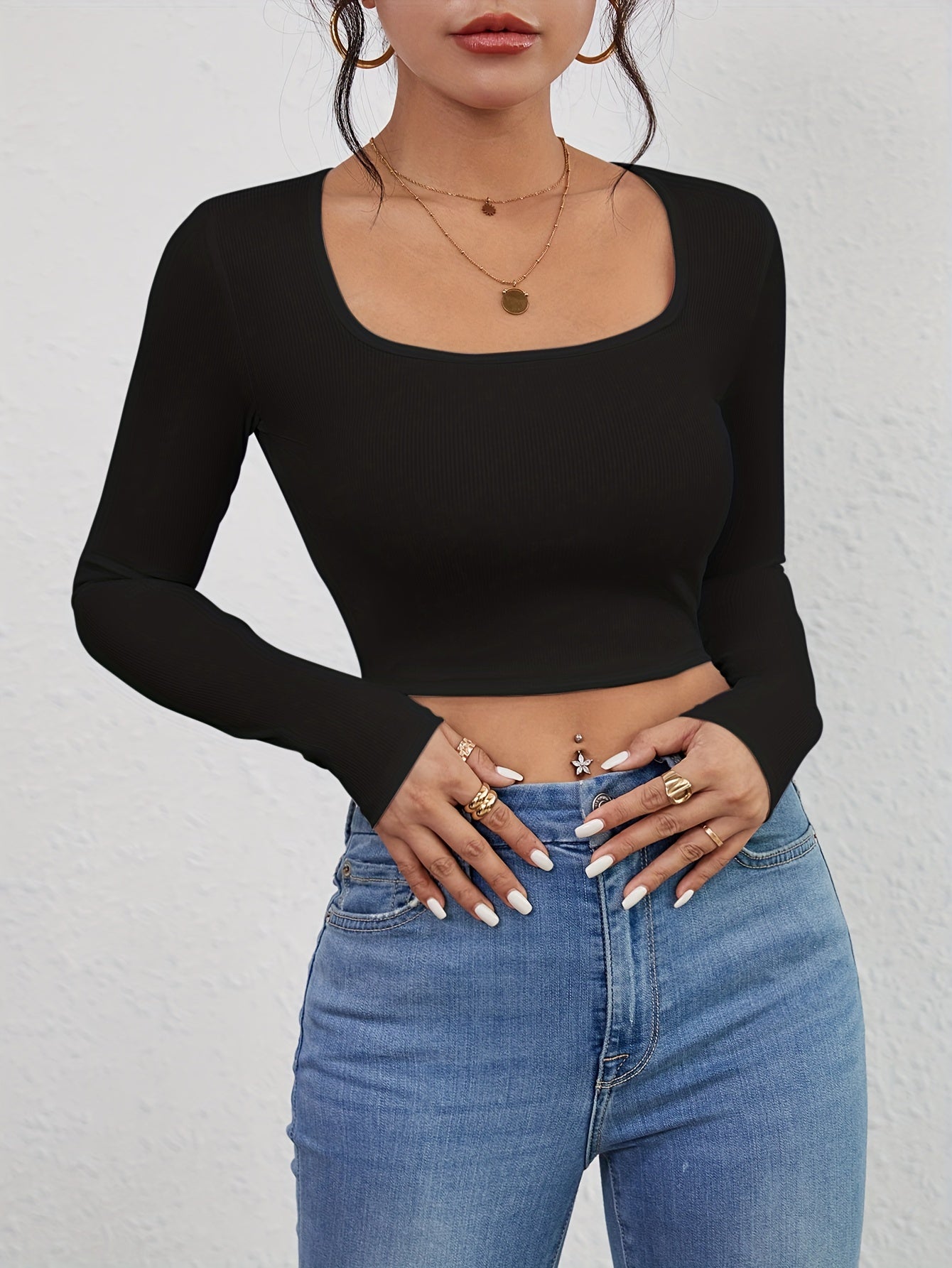 Squared Neck Cropped T-shirt, Casual Long Sleeve Solid T-shirt, Women's Clothing