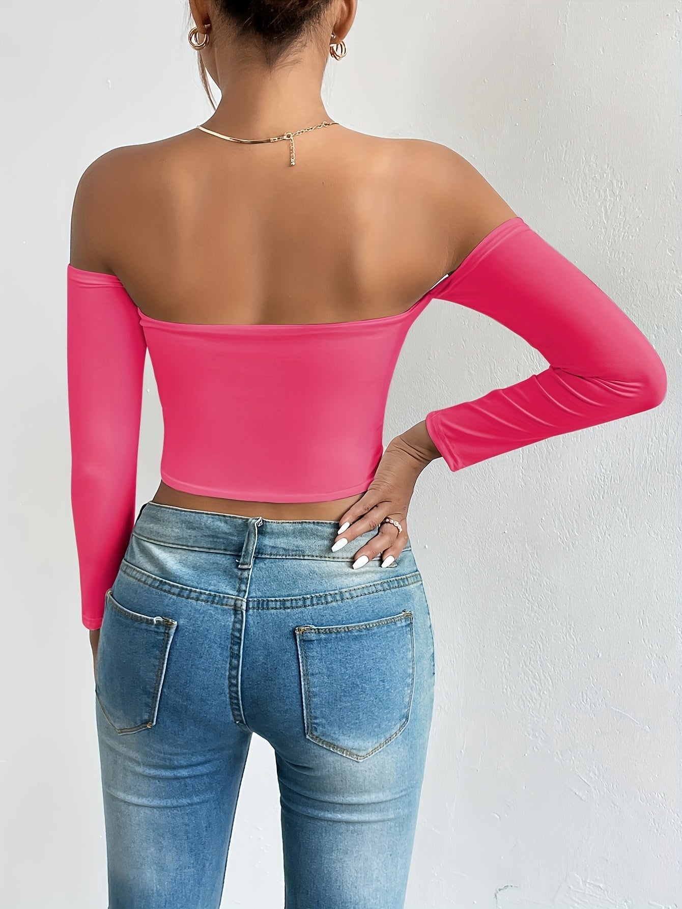 Solid Color Off-shoulder Crop Top, Sexy Long Sleeve Slim Top, Women's Clothing