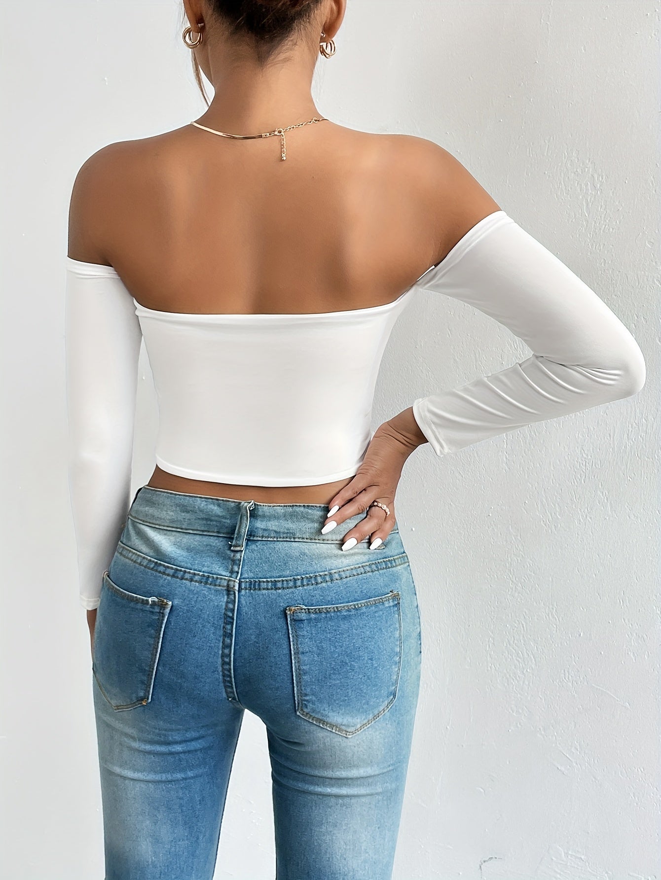 Solid Color Off-shoulder Crop Top, Sexy Long Sleeve Slim Top, Women's Clothing