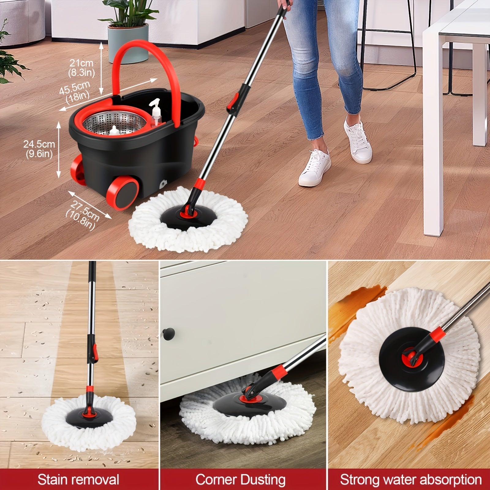 Spin Mop and Bucket with Wringer Set on Wheels, 360° Spinning Mop Bucket System with 3 Microfiber Mop Replacement Heads