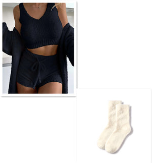 Thermal Three-piece Fluff Coat Spaghetti Strap Short Top Shorts Suit