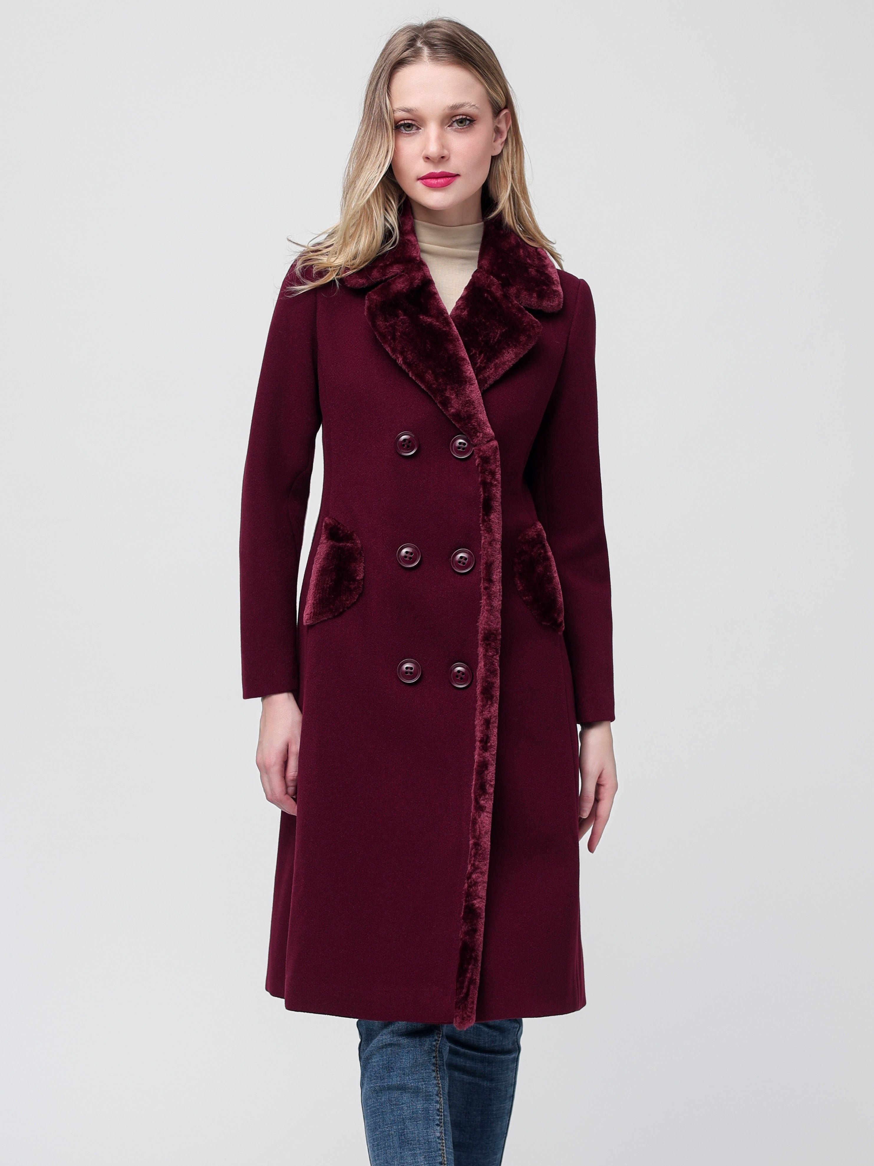 Women's Big Notch Lapel Double Breasted Mid-Long Wool Blend Coat Jackets