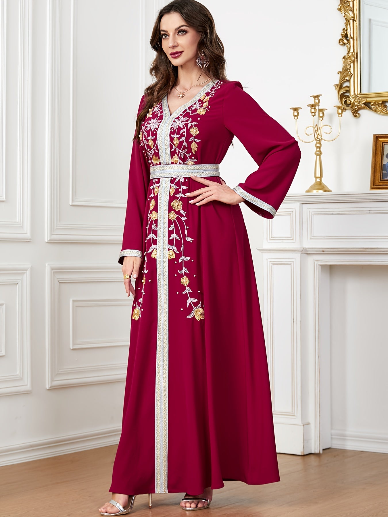 Floral Pattern V Neck Kaftan, Elegant Long Sleeve Belted Maxi Dress