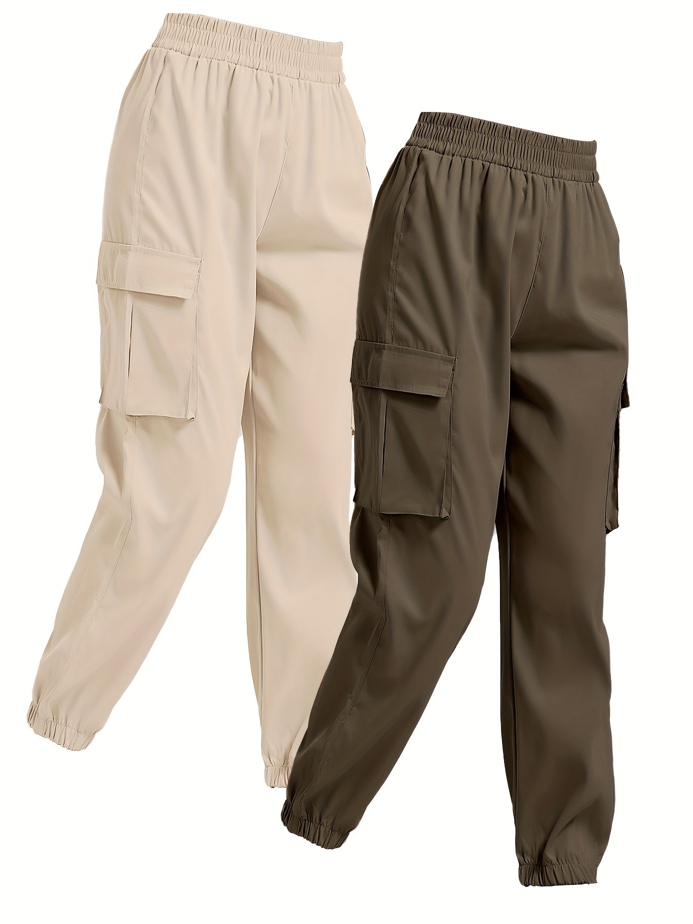 2 Pack Solid Jogger Cargo Pants, Casual Flap Pocket Elastic Waist Pants, Women's Clothing