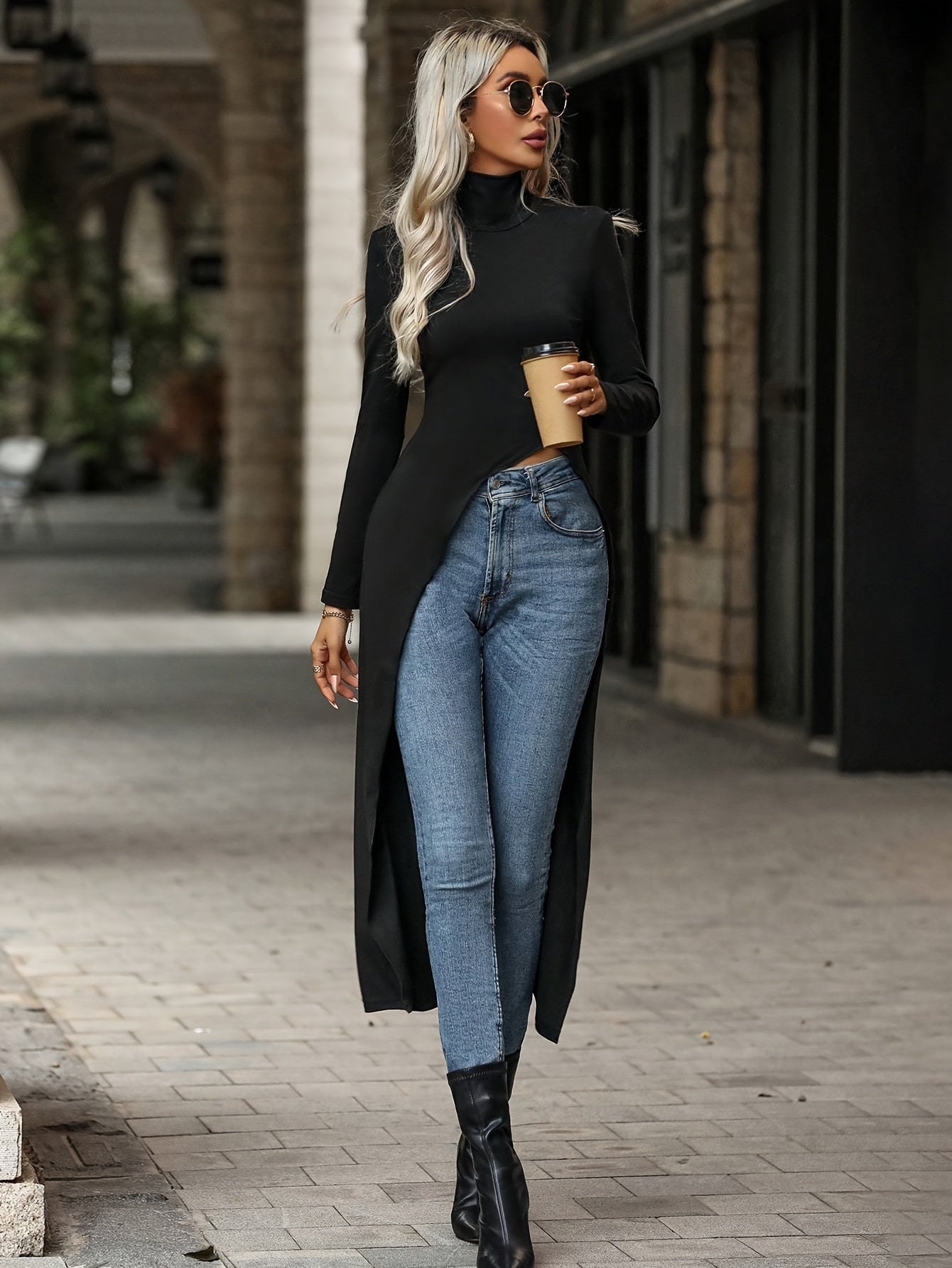 Split Hem Mock Neck Slim Top, Elegant Long Sleeve Long Length Top For Spring & Fall, Women's Clothing