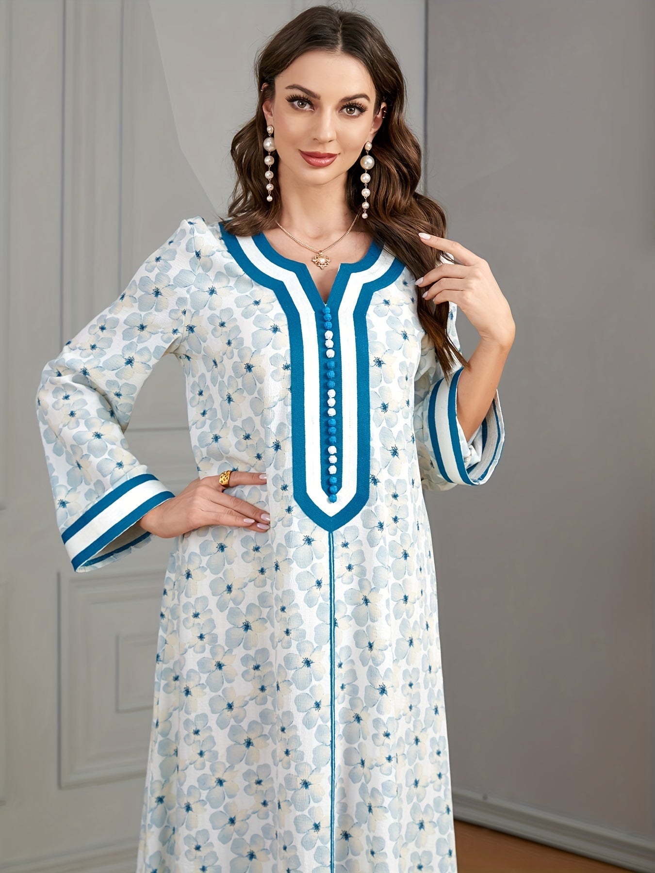 Ramadan Floral Print Contrast Trim Kaftan Dress