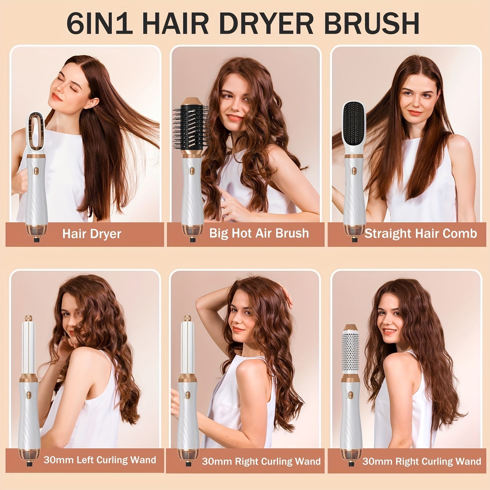 6 In 1 Hot Air Brush, Detachable Hair Dryer Brush, Powerful Hair Blow Dryer With Diffuser, Air Curler Wand