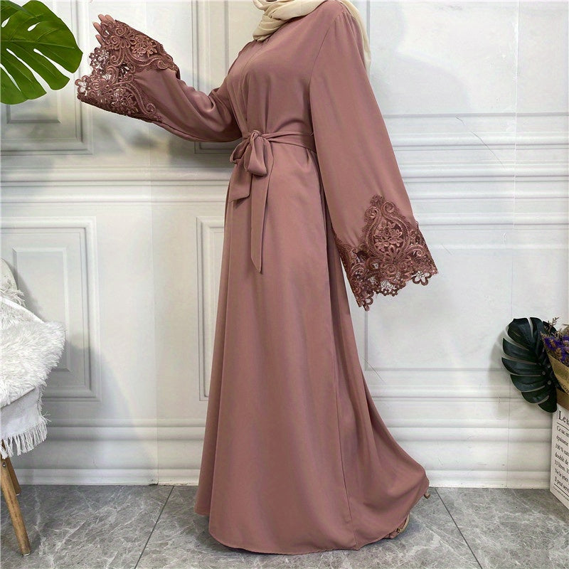 Contrast Lace Solid Kaftan Dress, Modest Long Sleeve Maxi Dress