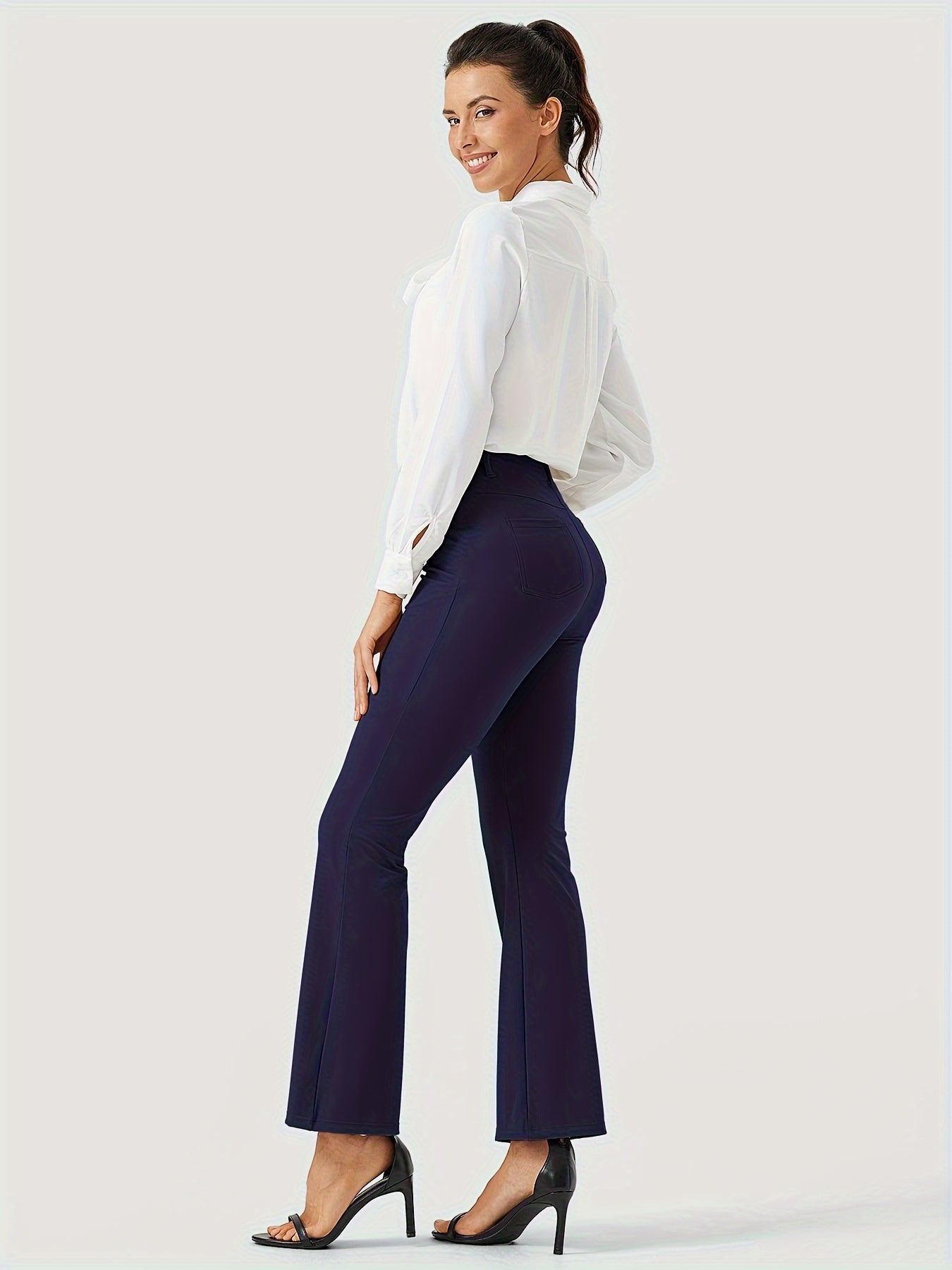 Women's Yoga Dress Work Pants Lightweight Slacks Stretch Casual Office Flare Pants Wide Leg With Belt Loops 4 Pockets