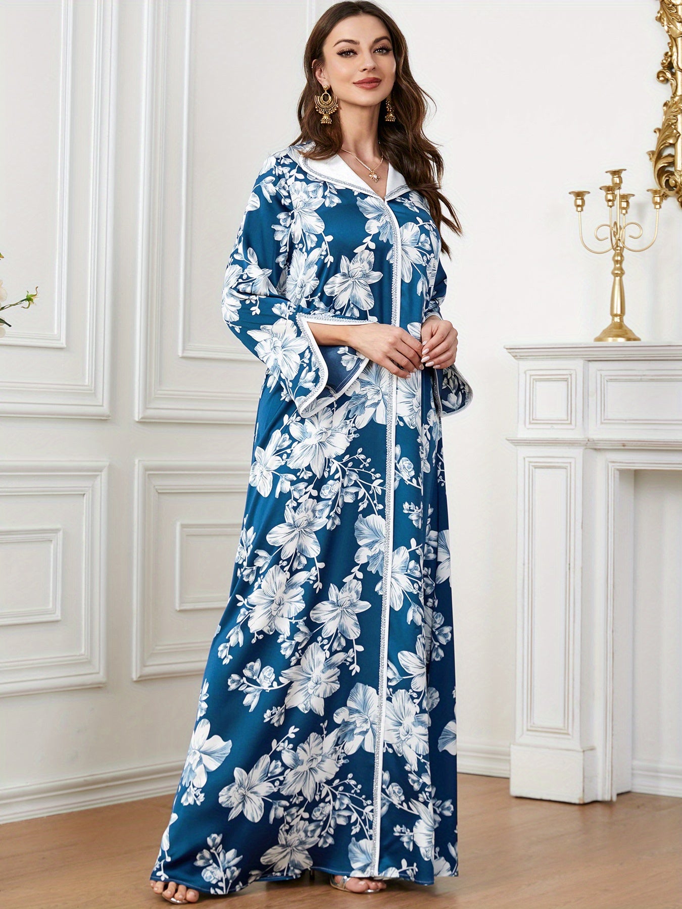 Floral Print Maxi Kaftan Dress, Elegant Split Long Sleeve Dress