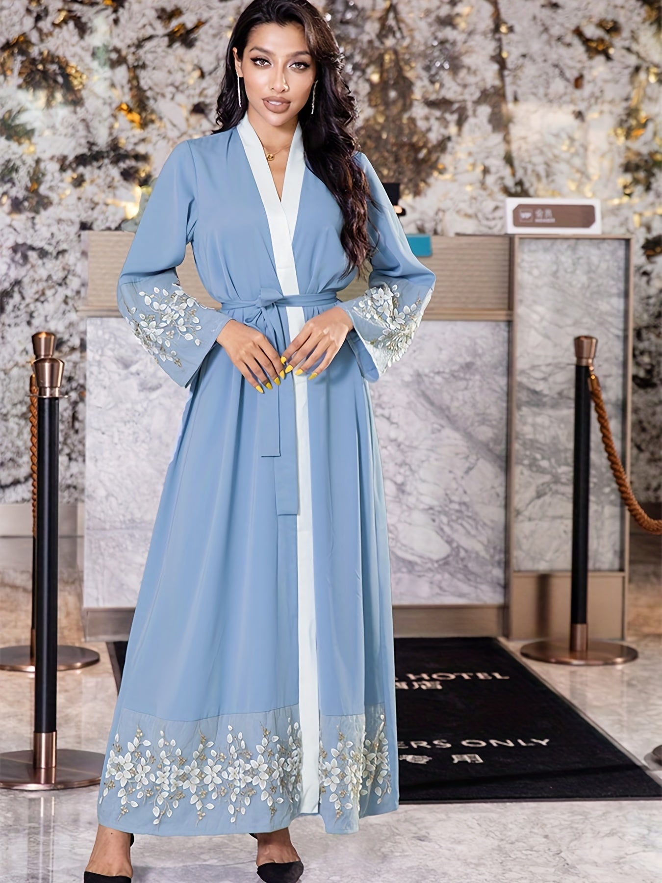 Floral Pattern Kaftan Dress, Elegant Open Front Long Sleeve Maxi Dress