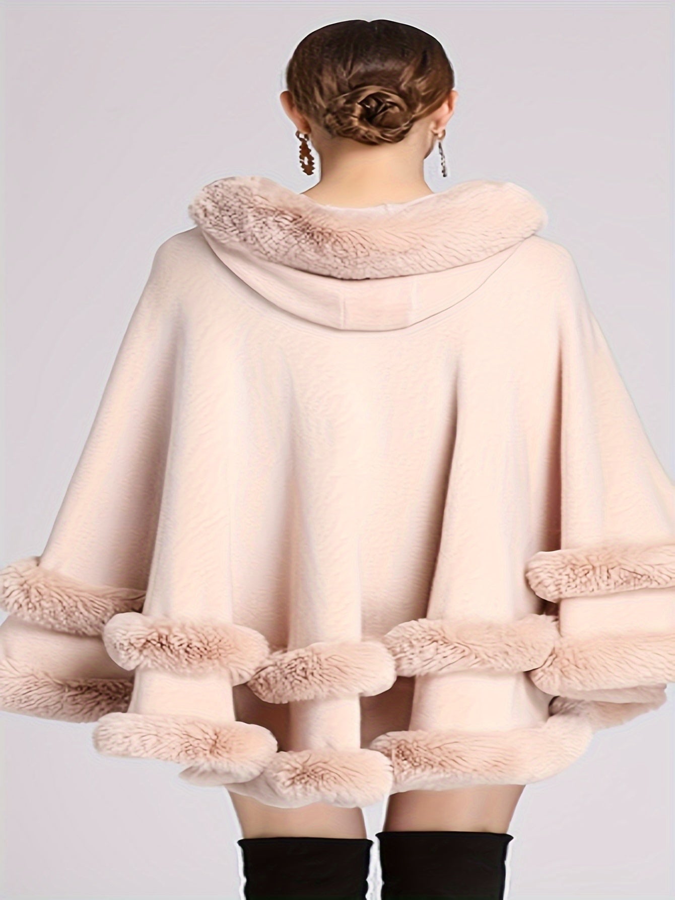 Solid Faux Fur Trim Cape, Elegant Thermal Tiered Cape For Fall & Winter, Women's Clothing