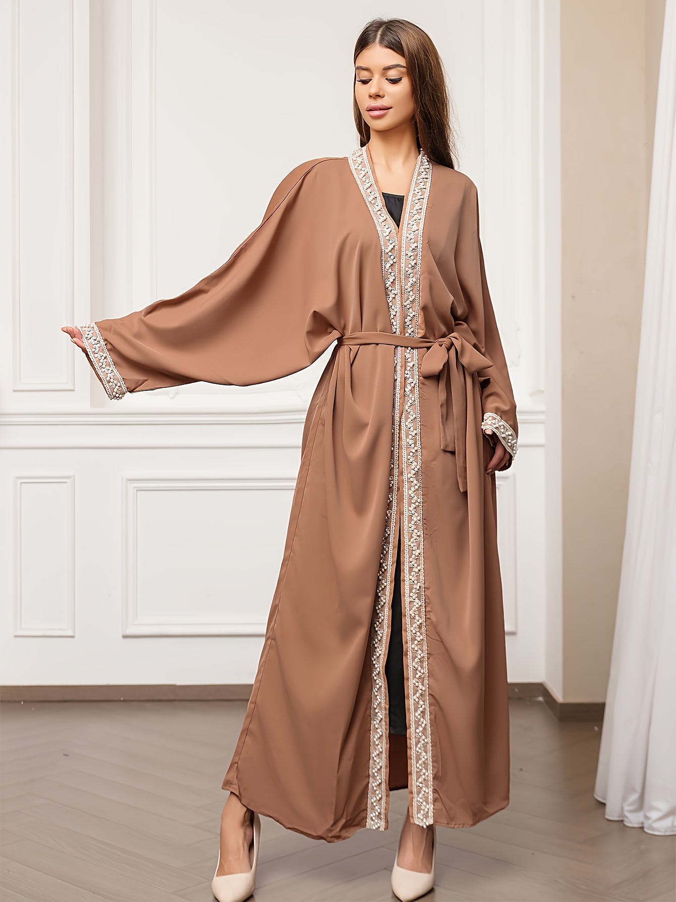 Contrast Trim Beaded Abaya, Elegant Batwing Sleeve Loose Maxi Belted Dress