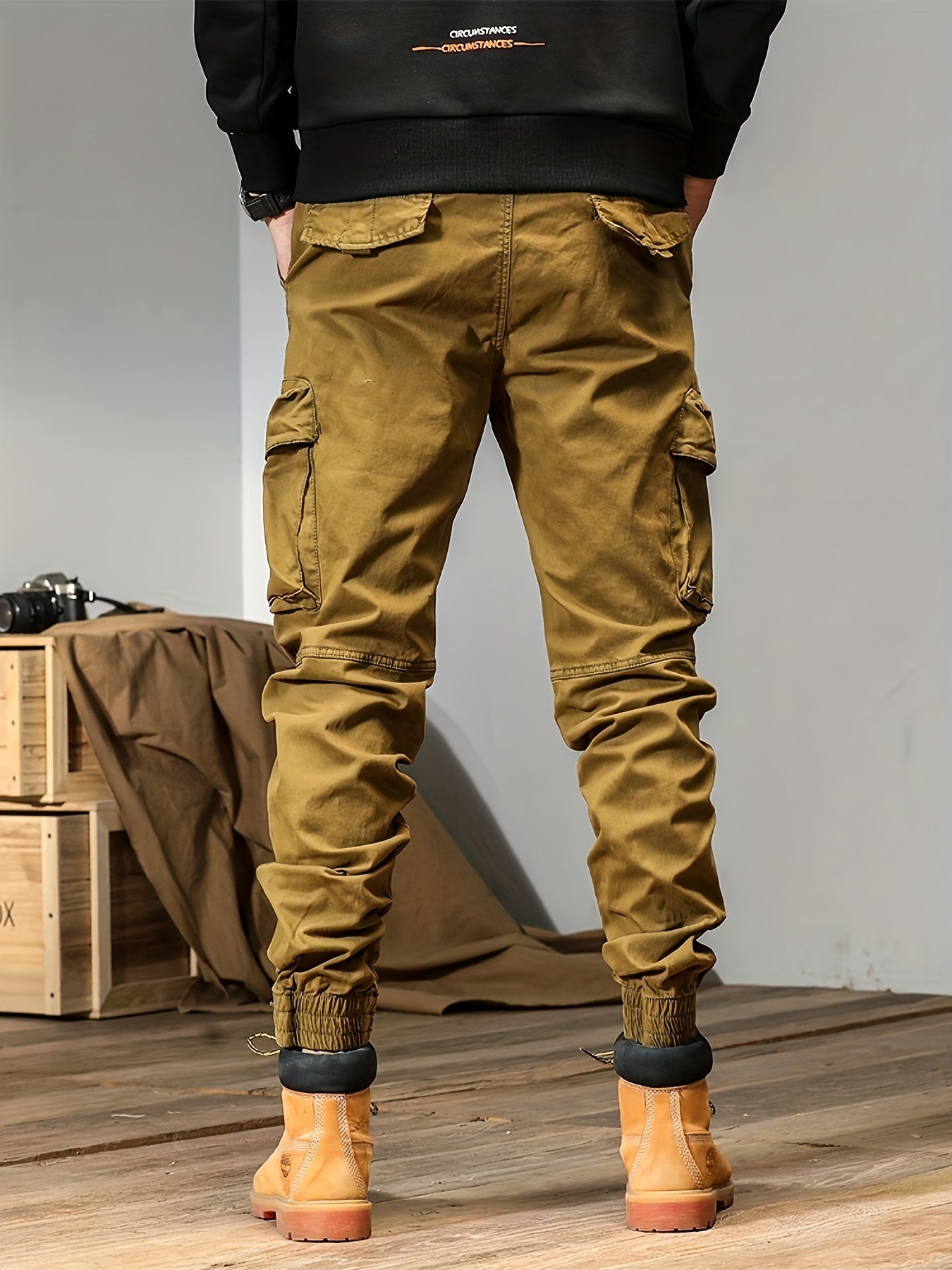 Men's Solid Cargo Pants With Multi Pockets, Cotton Drawstring Joggers For Outdoor