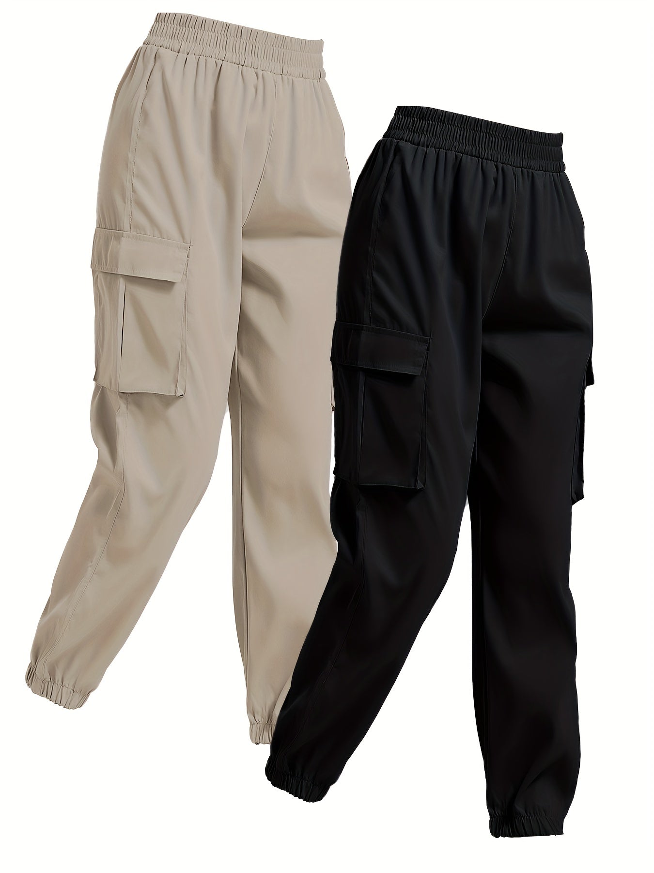 2 Pack Solid Jogger Cargo Pants, Casual Flap Pocket Elastic Waist Pants, Women's Clothing