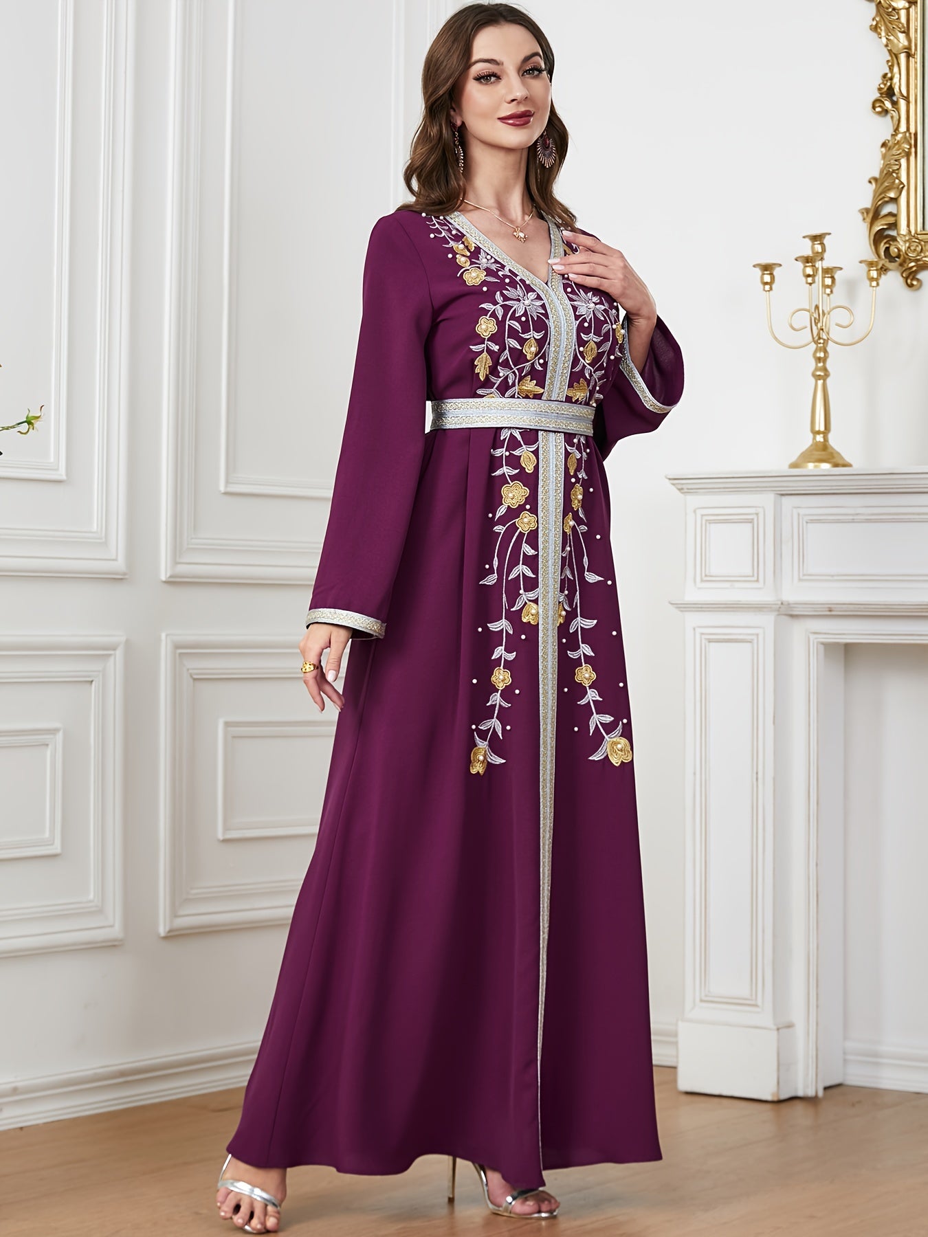 Floral Pattern V Neck Kaftan, Elegant Long Sleeve Belted Maxi Dress