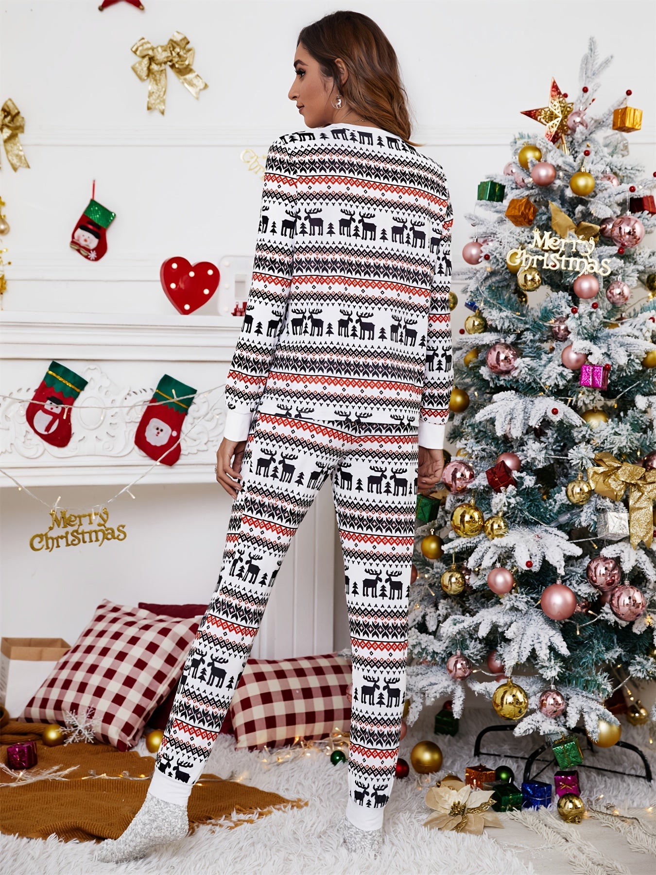 Christmas Graphic Print Two-piece Set, Crew Neck Long Sleeve Tops & Long Length Pants Outfits, Women's Clothing