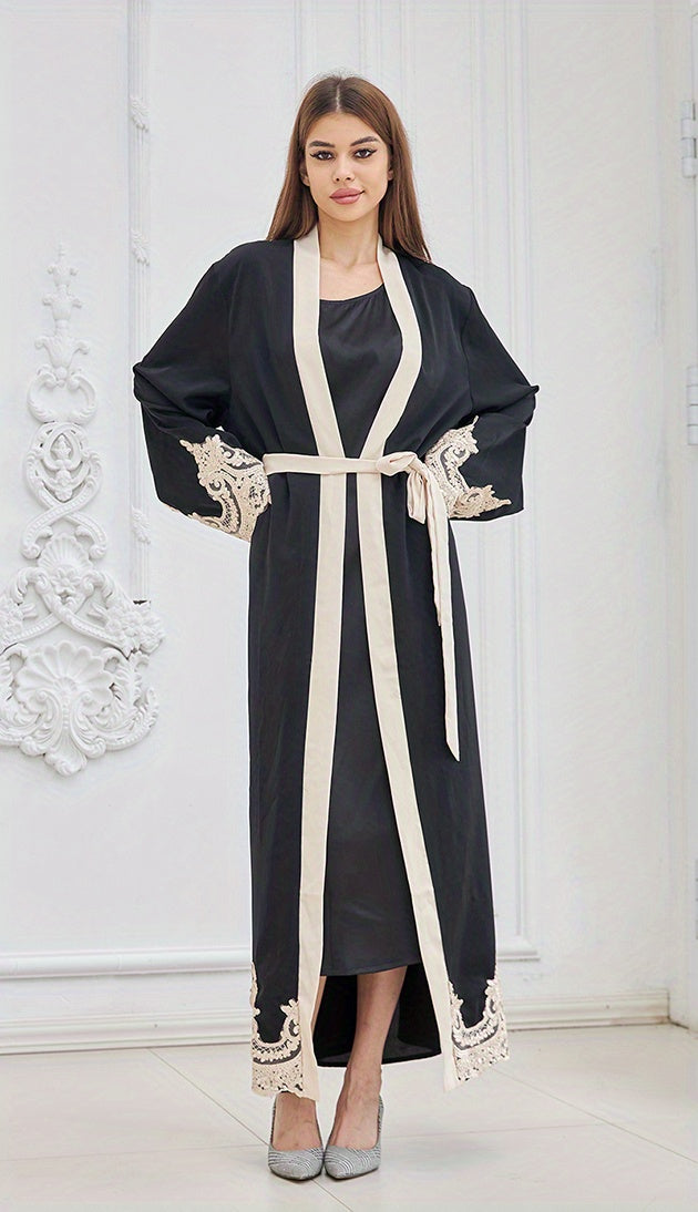 Contrast Lace Open Front Kaftan, Elegant Long Sleeve Maxi Dress