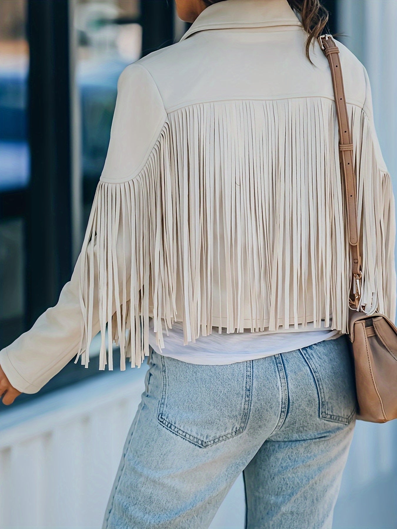 Cropped Fringe Suede Faux Leather Motorcycle Jacket, Fashion Tassel Lightweight Solid Jacket, Women's Clothing