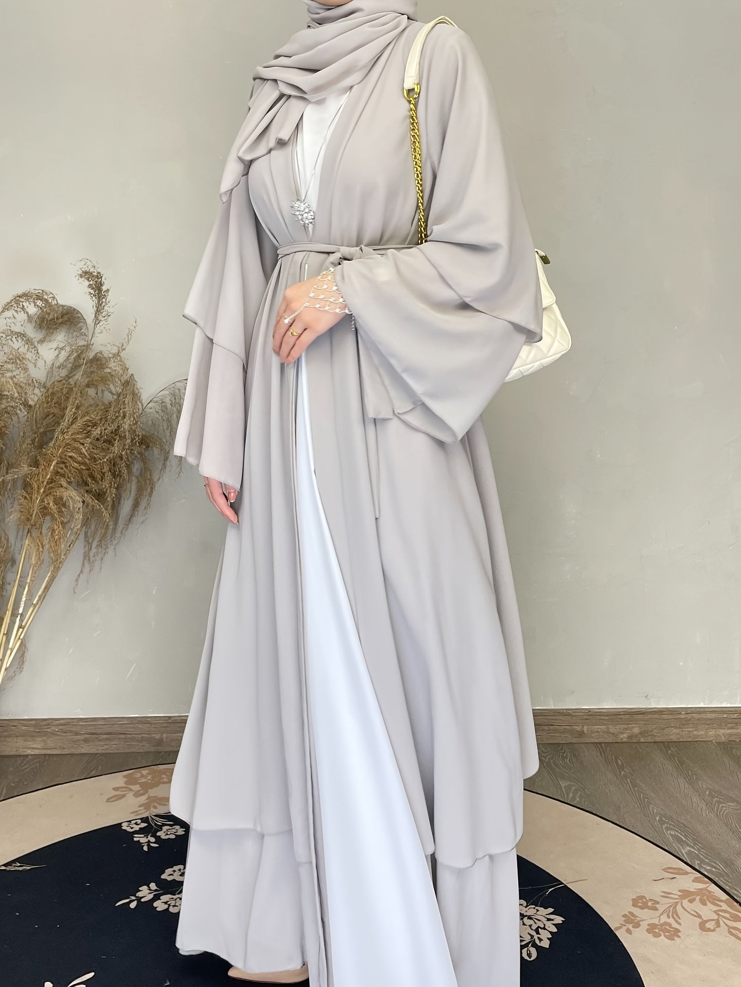 Solid Tie Waist Modest Dress, Elegant Layered Hem Maxi Length Dress