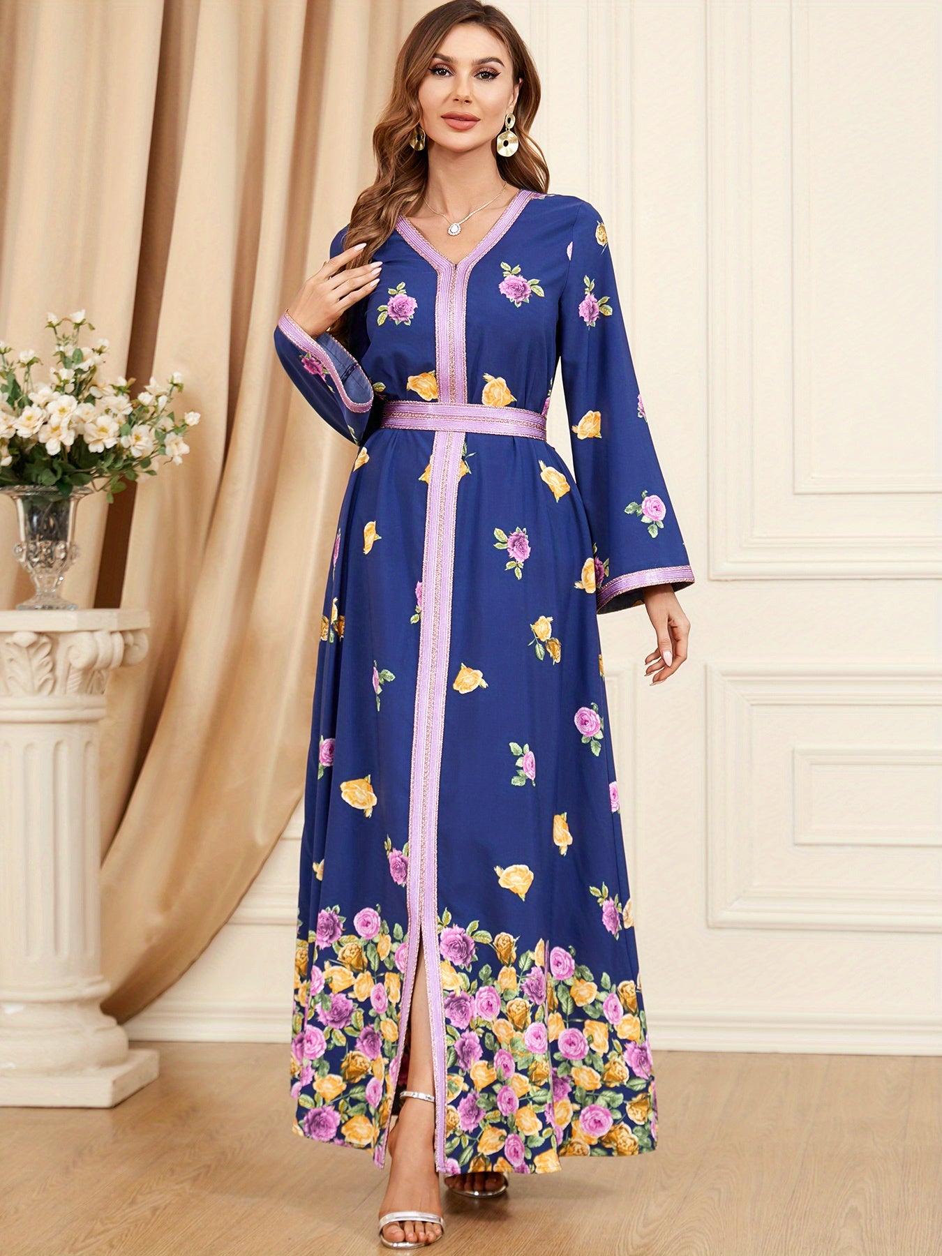 Floral Print V-neck Kaftan Dress, Elegant Contrast Trim Maxi Length Dress