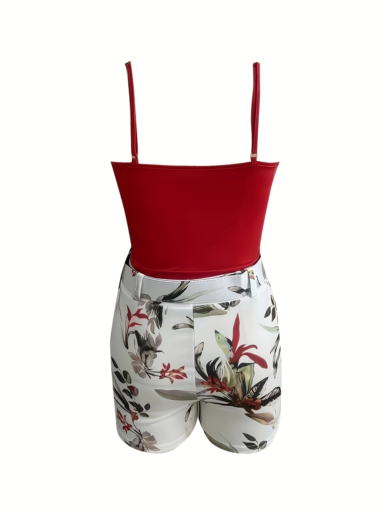 Casual Two-piece Set For Spring & Summer, Surplice Neck Cami Top & Floral Print Belt Shorts Outfits, Women's Clothing