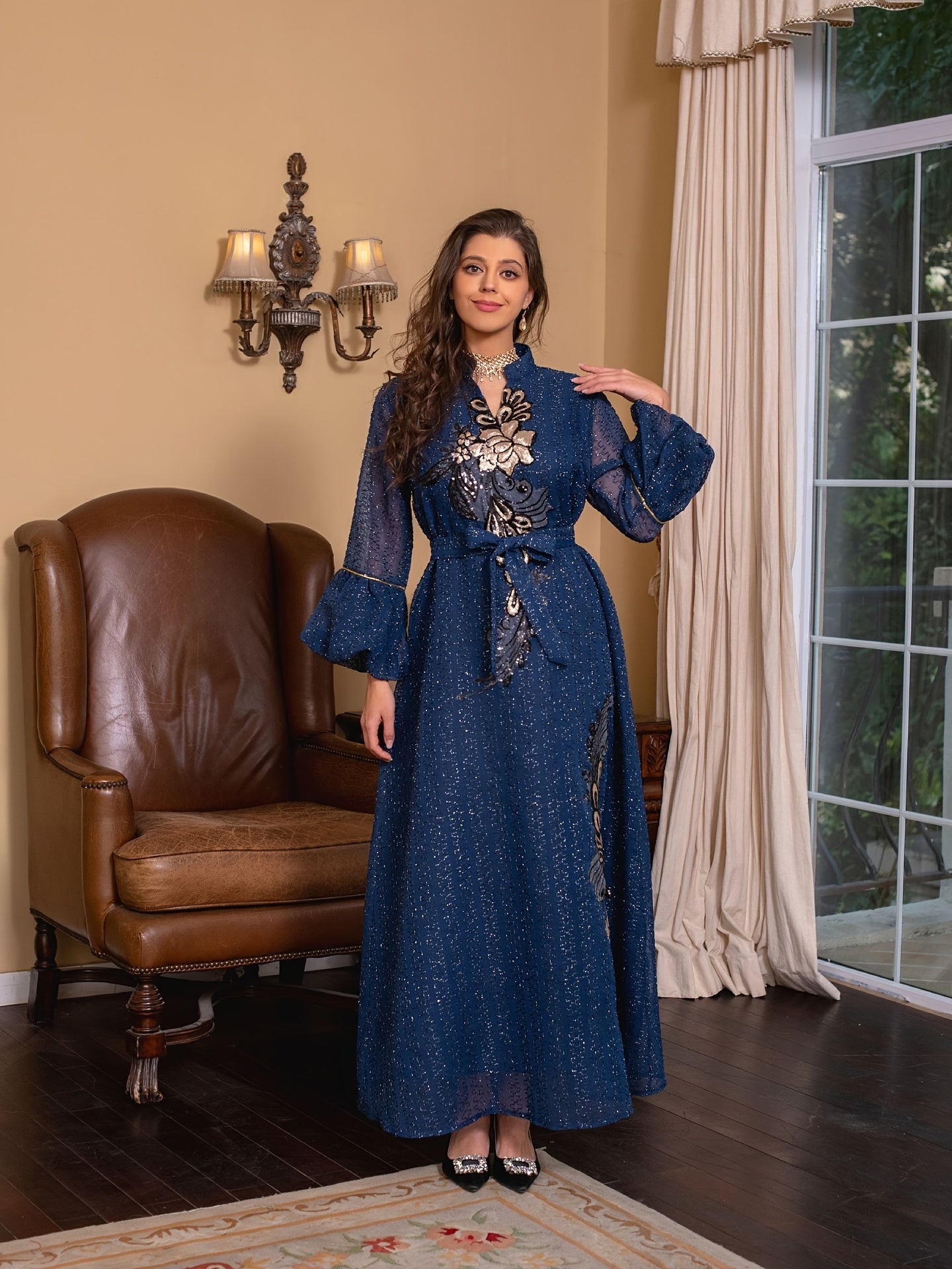 Embroidered V Neck Kaftan Dress, Casual Long Sleeve Belted Maxi Dress