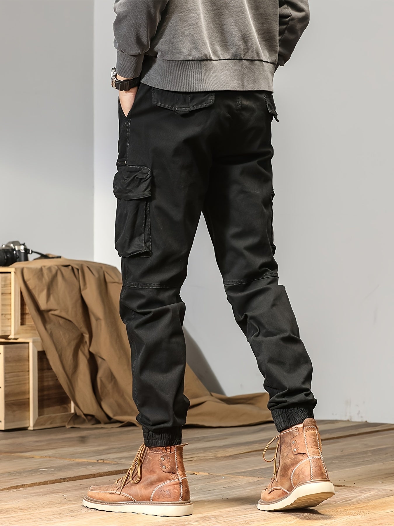 Men's Solid Cargo Pants With Multi Pockets, Cotton Drawstring Joggers For Outdoor