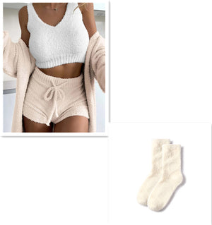 Thermal Three-piece Fluff Coat Spaghetti Strap Short Top Shorts Suit