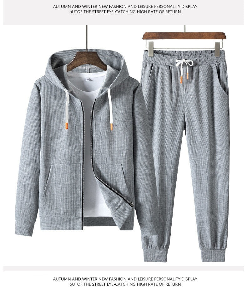 Men's Trendy Fashion Waffle Hooded Casual Sports Sweater Suit