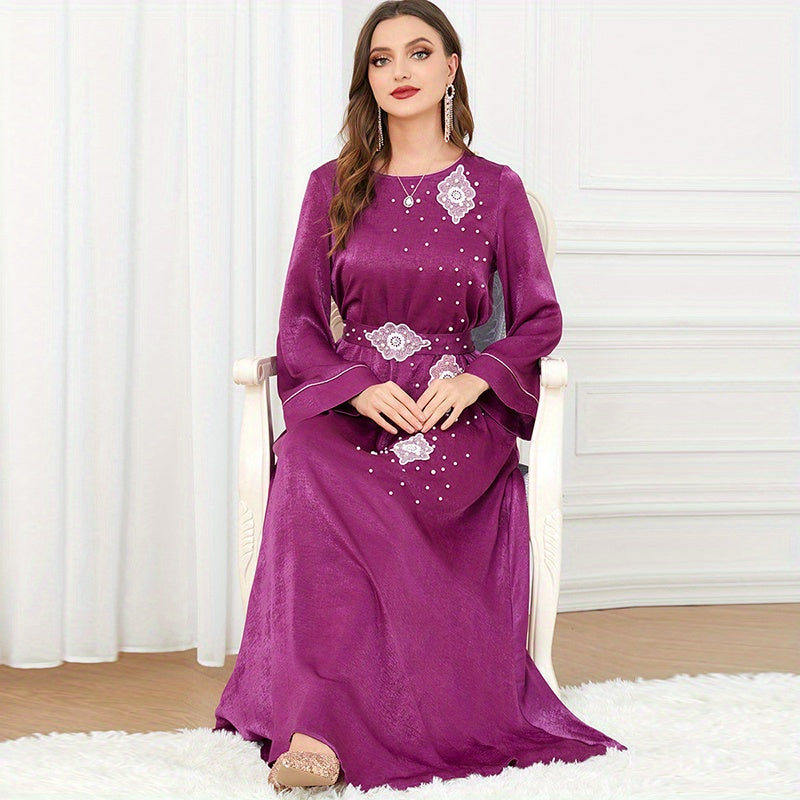 Beaded Decor Kaftan, Elegant Crew Neck Long Sleeve Dress