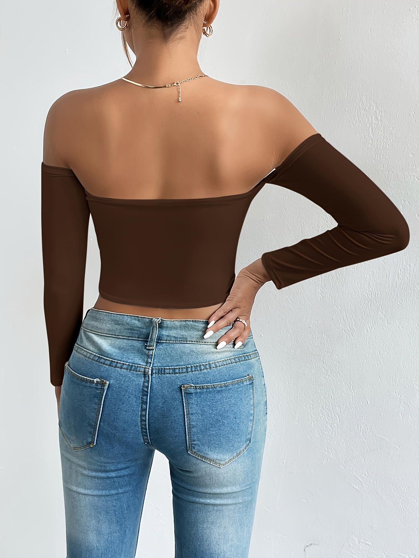 Solid Color Off-shoulder Crop Top, Sexy Long Sleeve Slim Top, Women's Clothing