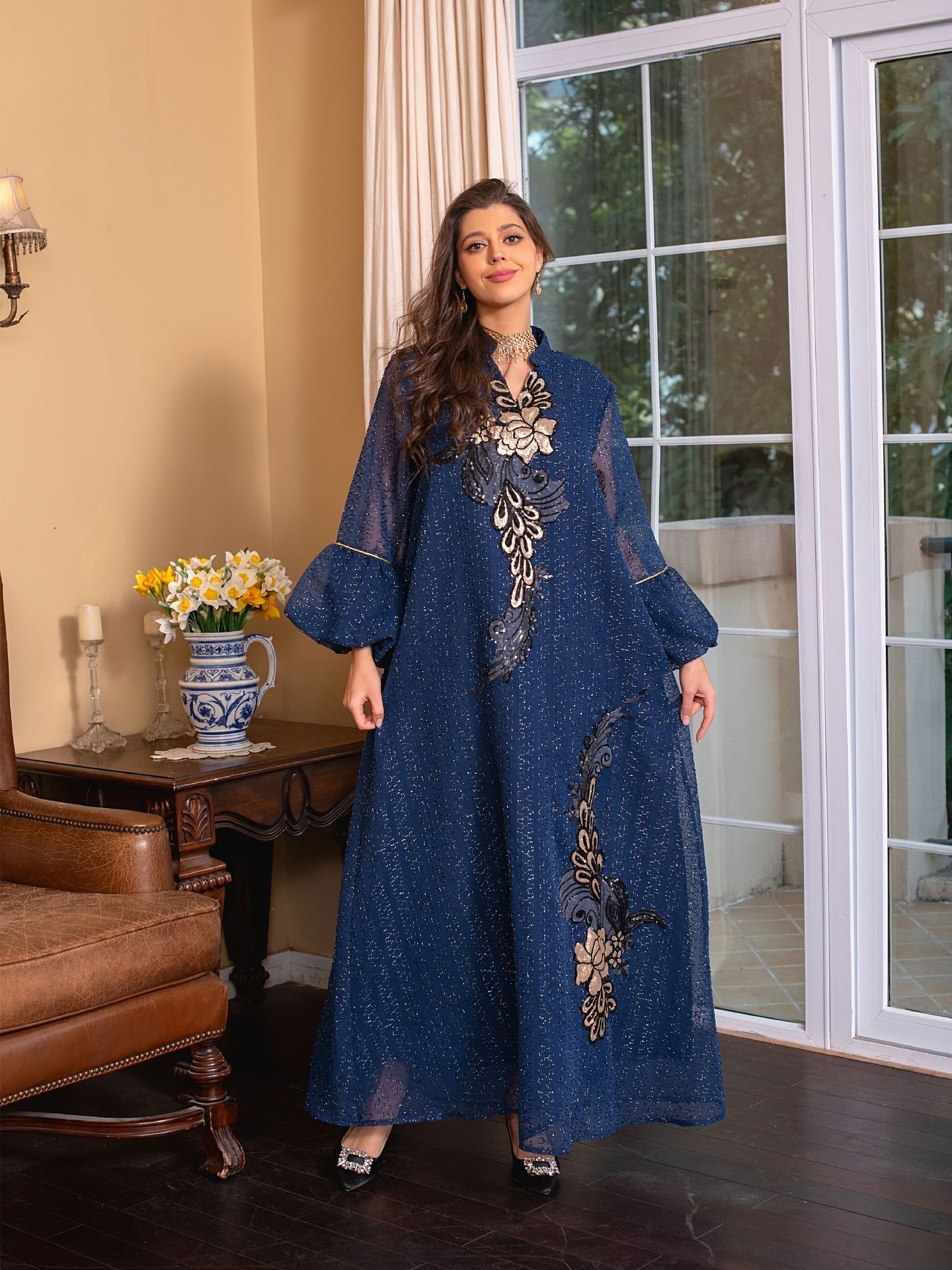 Embroidered V Neck Kaftan Dress, Casual Long Sleeve Belted Maxi Dress