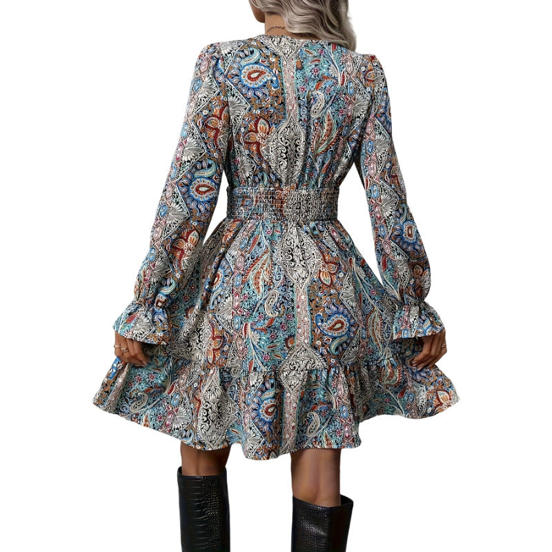 Women's Casual Printed V-neck Long Sleeved Dress