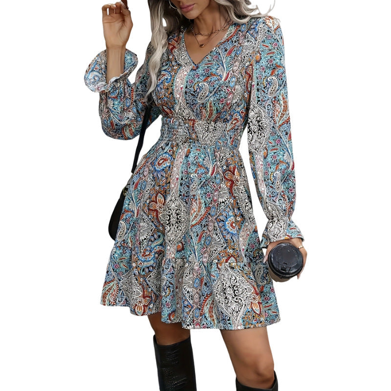 Women's Casual Printed V-neck Long Sleeved Dress