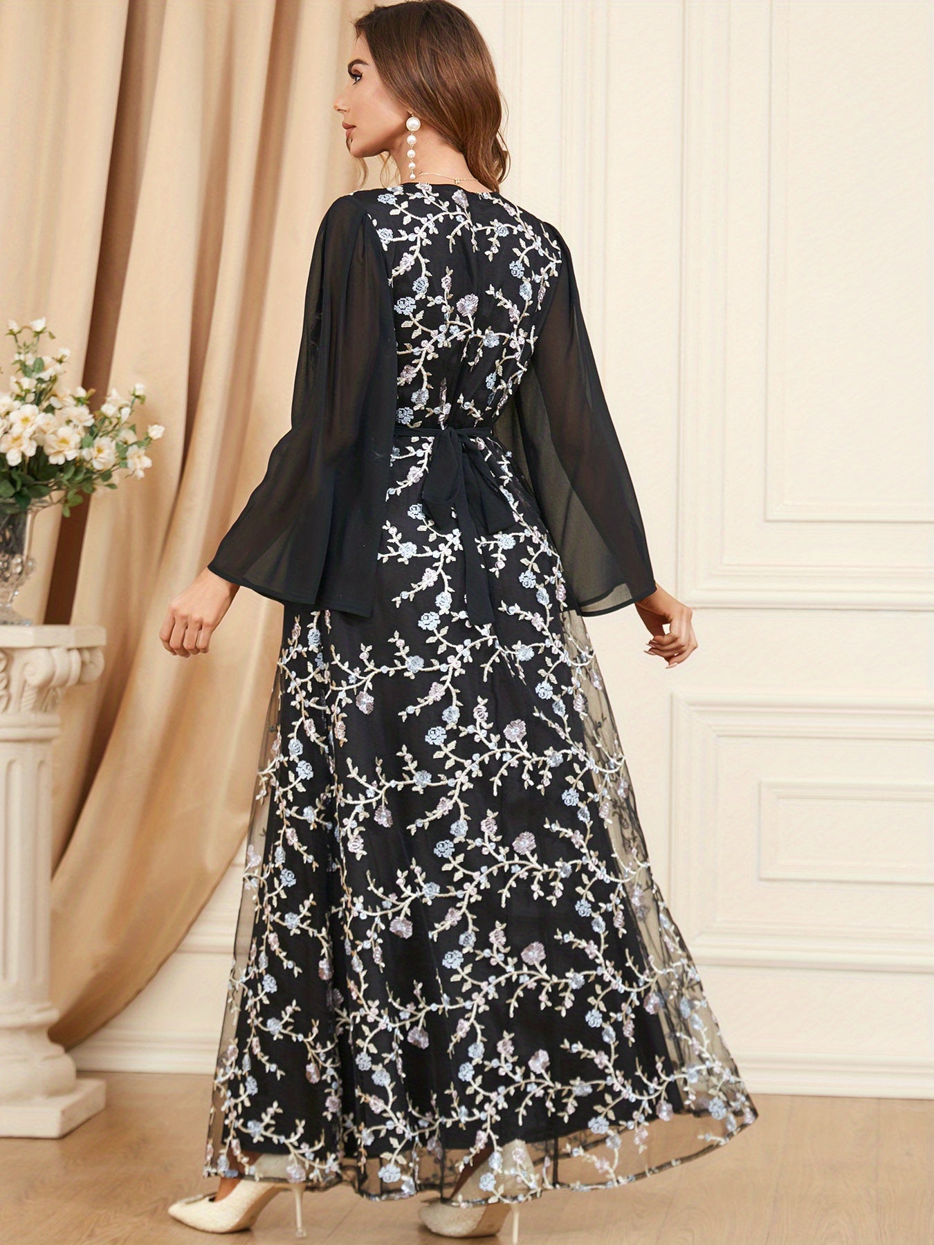 Ramadan Floral Pattern Kaftan Maxi Dress, Elegant V Neck Long Sleeve Dress