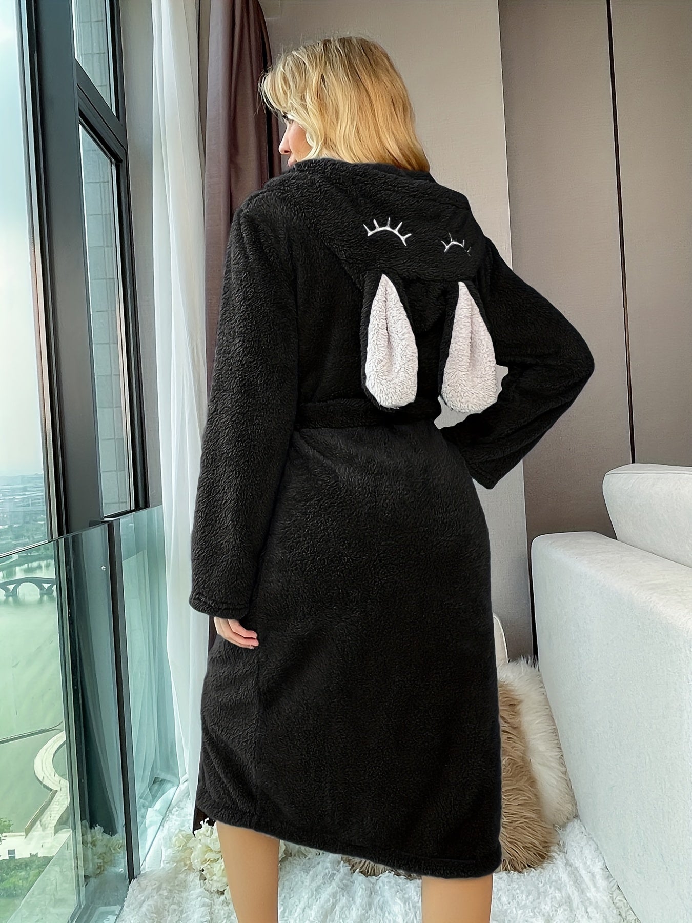 Cartoon Bunny Ears Hooded Robe, Long Sleeve Fuzzy Night Robe With Belt, Women's Sleepwear