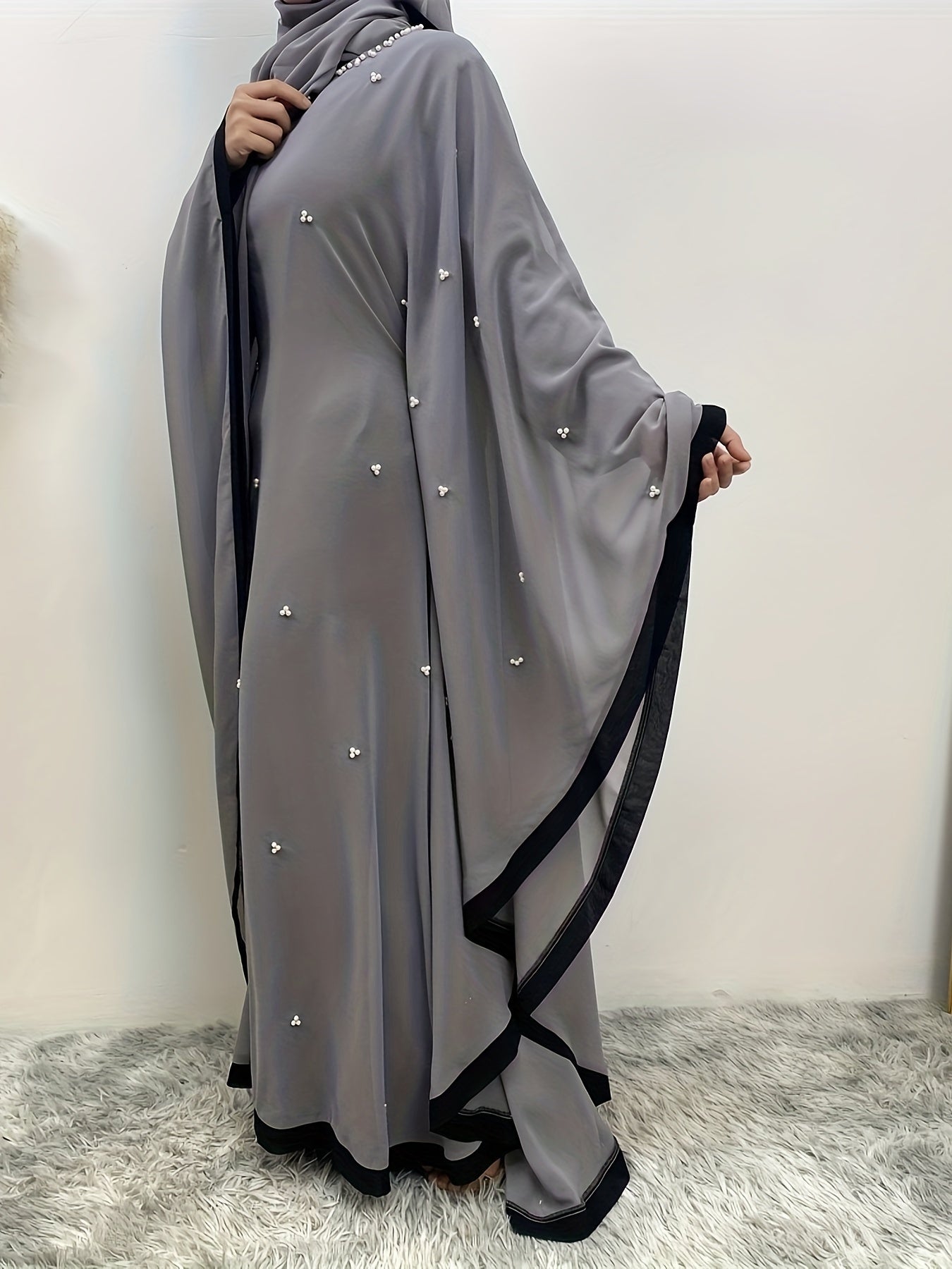 Beaded Contrast Trim Modest Dress, Elegant Batwing Sleeve Loose Maxi Dress With Hijab