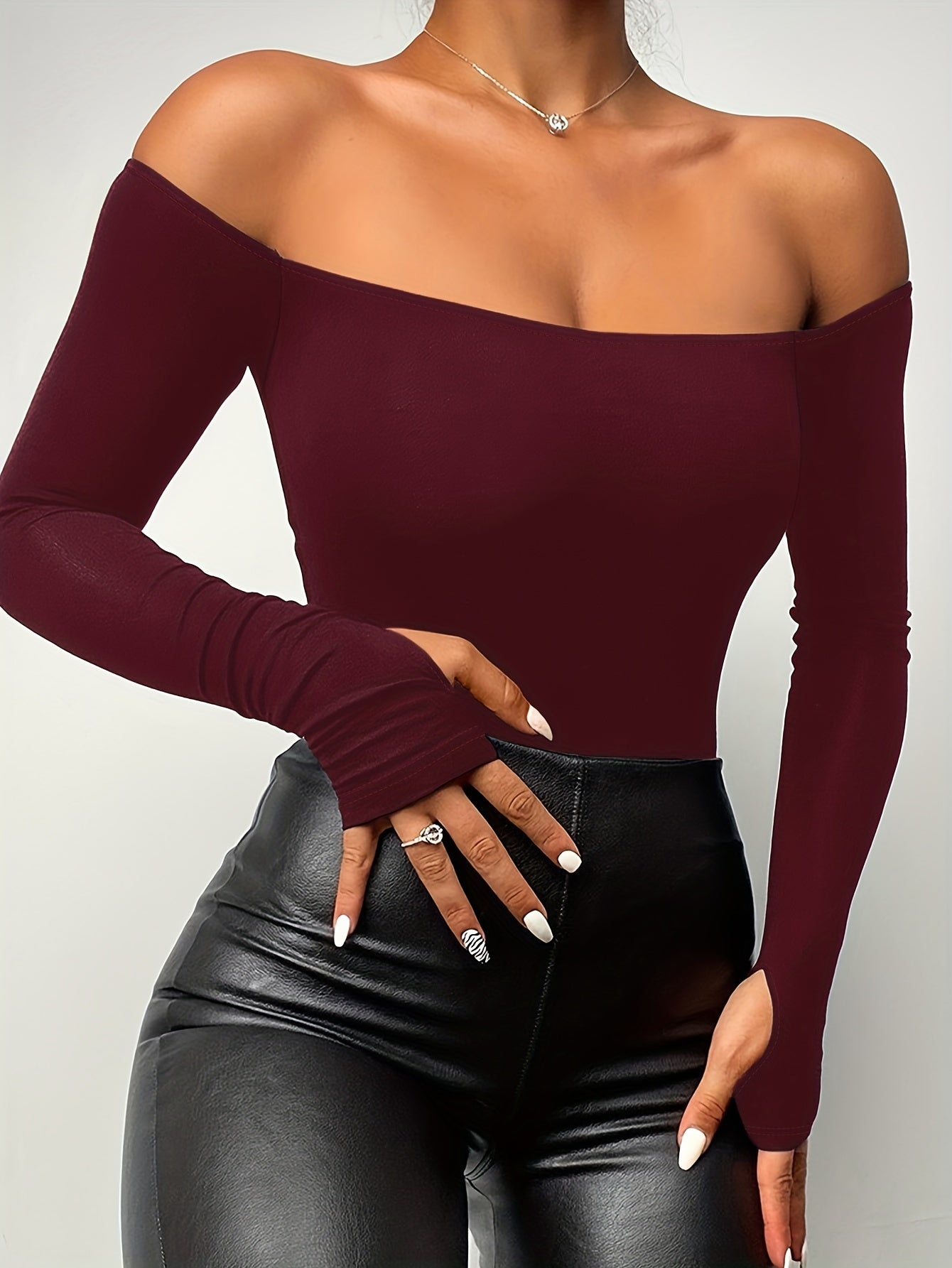 Off Shoulder Solid T-Shirt, Casual Long Sleeve Top For Spring & Fall, Women's Clothing